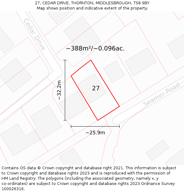 27, CEDAR DRIVE, THORNTON, MIDDLESBROUGH, TS8 9BY: Plot and title map