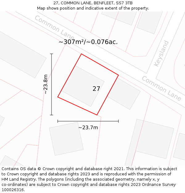 27, COMMON LANE, BENFLEET, SS7 3TB: Plot and title map