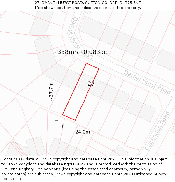 27, DARNEL HURST ROAD, SUTTON COLDFIELD, B75 5NE: Plot and title map