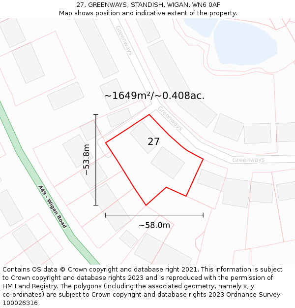 27, GREENWAYS, STANDISH, WIGAN, WN6 0AF: Plot and title map