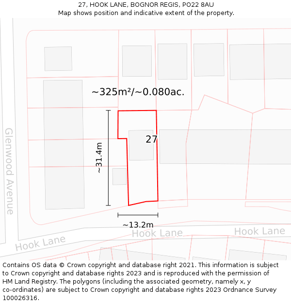 27, HOOK LANE, BOGNOR REGIS, PO22 8AU: Plot and title map
