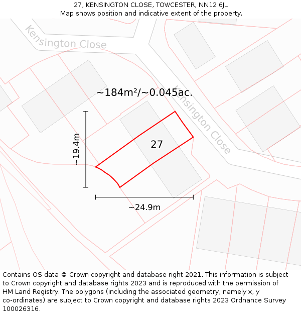 27, KENSINGTON CLOSE, TOWCESTER, NN12 6JL: Plot and title map