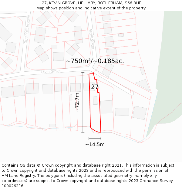 27, KEVIN GROVE, HELLABY, ROTHERHAM, S66 8HF: Plot and title map