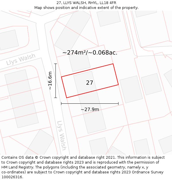 27, LLYS WALSH, RHYL, LL18 4FR: Plot and title map