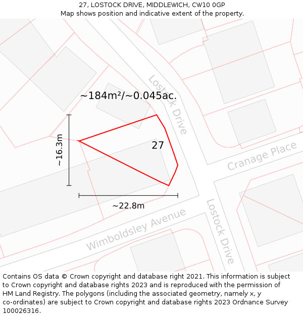 27, LOSTOCK DRIVE, MIDDLEWICH, CW10 0GP: Plot and title map