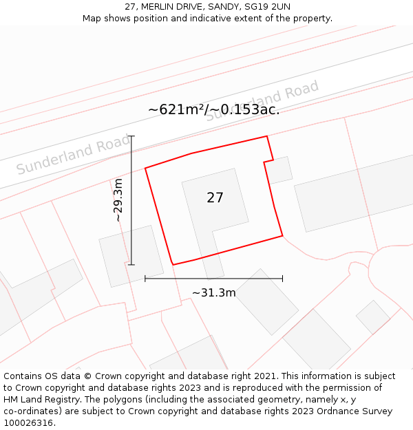 27, MERLIN DRIVE, SANDY, SG19 2UN: Plot and title map