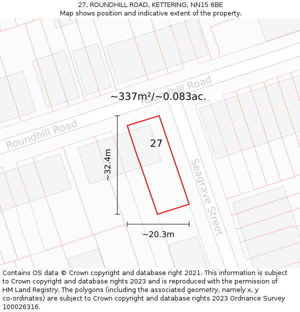 27, ROUNDHILL ROAD, KETTERING, NN15 6BE: Plot and title map