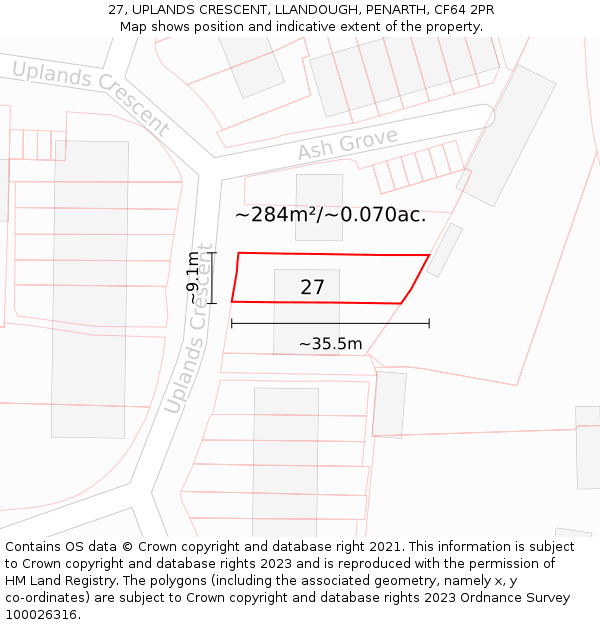 27, UPLANDS CRESCENT, LLANDOUGH, PENARTH, CF64 2PR: Plot and title map