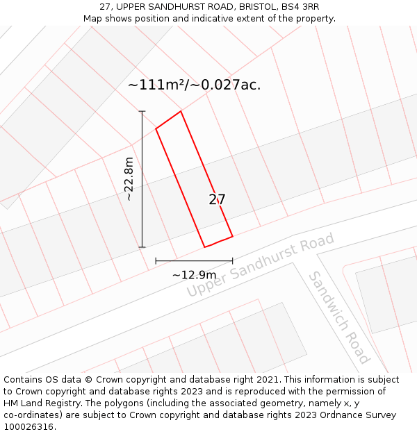 27, UPPER SANDHURST ROAD, BRISTOL, BS4 3RR: Plot and title map