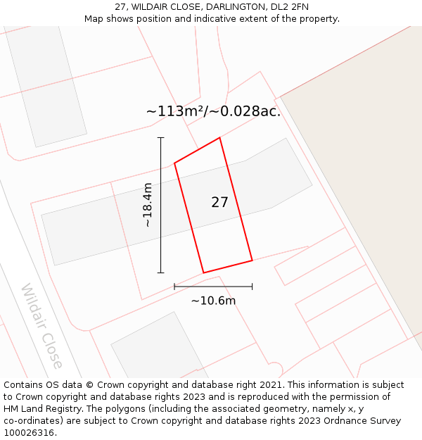 27, WILDAIR CLOSE, DARLINGTON, DL2 2FN: Plot and title map