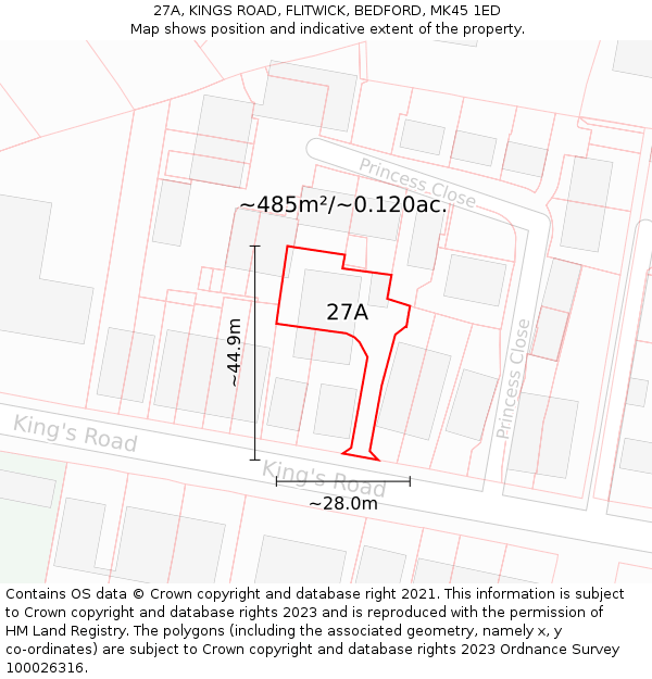 27A, KINGS ROAD, FLITWICK, BEDFORD, MK45 1ED: Plot and title map