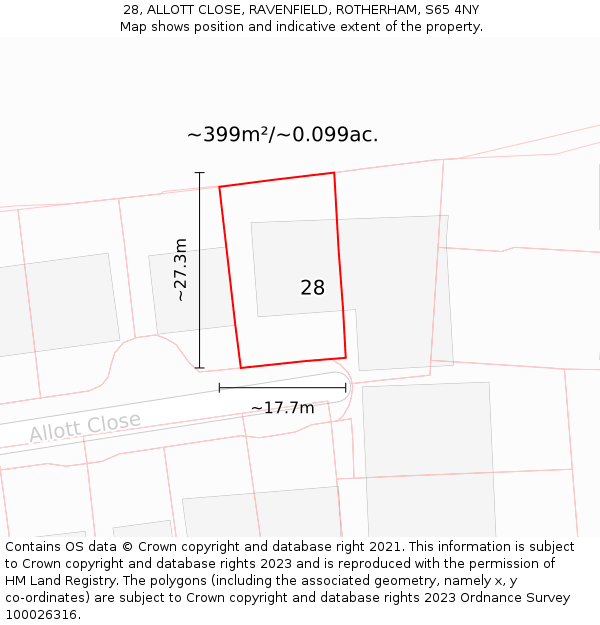 28, ALLOTT CLOSE, RAVENFIELD, ROTHERHAM, S65 4NY: Plot and title map