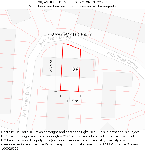 28, ASHTREE DRIVE, BEDLINGTON, NE22 7LS: Plot and title map
