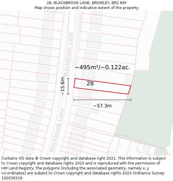28, BLACKBROOK LANE, BROMLEY, BR2 8AY: Plot and title map