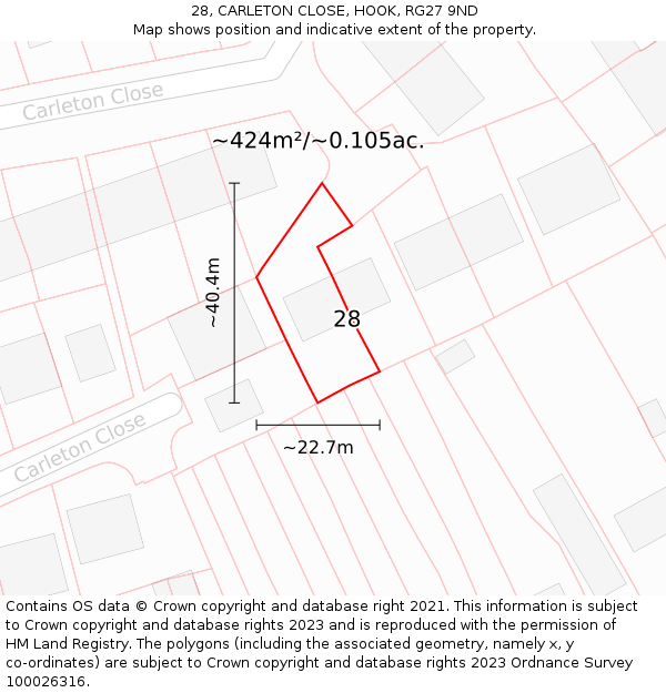 28, CARLETON CLOSE, HOOK, RG27 9ND: Plot and title map