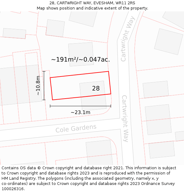 28, CARTWRIGHT WAY, EVESHAM, WR11 2RS: Plot and title map