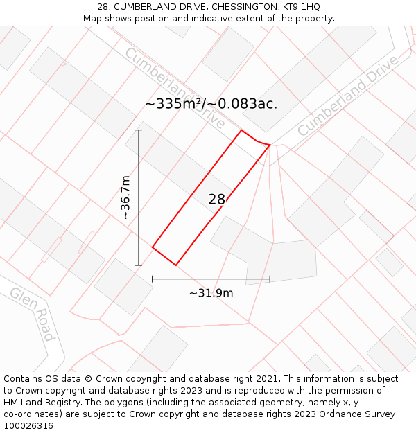 28, CUMBERLAND DRIVE, CHESSINGTON, KT9 1HQ: Plot and title map