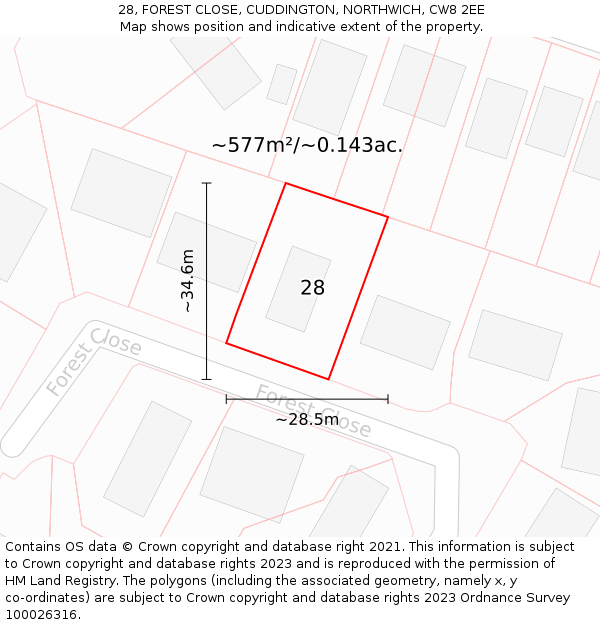 28, FOREST CLOSE, CUDDINGTON, NORTHWICH, CW8 2EE: Plot and title map