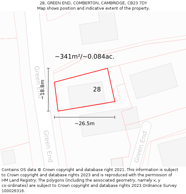 28, GREEN END, COMBERTON, CAMBRIDGE, CB23 7DY: Plot and title map