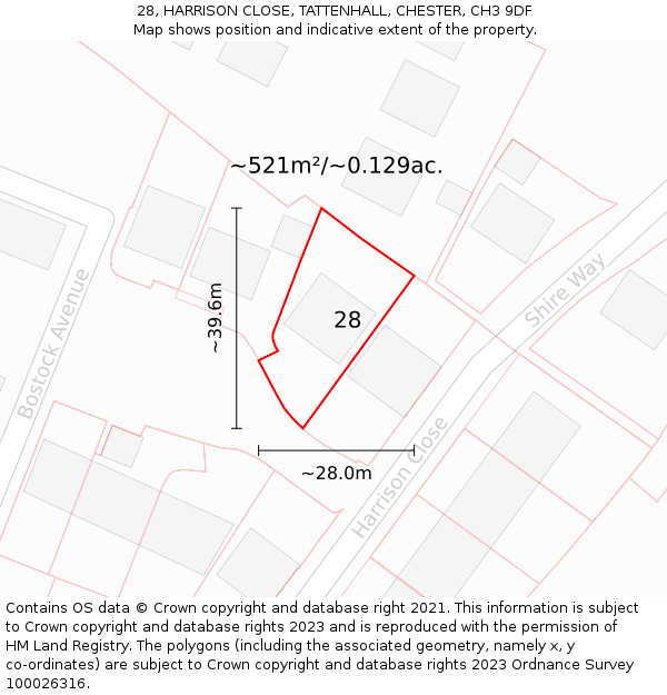 28, HARRISON CLOSE, TATTENHALL, CHESTER, CH3 9DF: Plot and title map