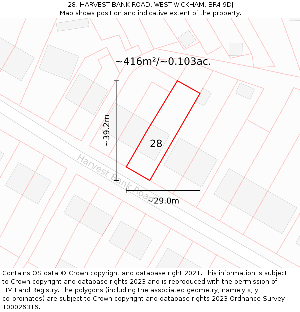 28, HARVEST BANK ROAD, WEST WICKHAM, BR4 9DJ: Plot and title map