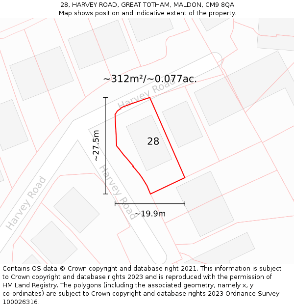 28, HARVEY ROAD, GREAT TOTHAM, MALDON, CM9 8QA: Plot and title map