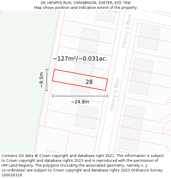 28, HENRYS RUN, CRANBROOK, EXETER, EX5 7AW: Plot and title map