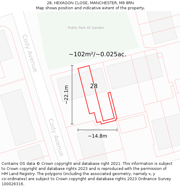 28, HEXAGON CLOSE, MANCHESTER, M9 8RN: Plot and title map