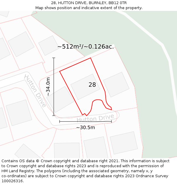 28, HUTTON DRIVE, BURNLEY, BB12 0TR: Plot and title map
