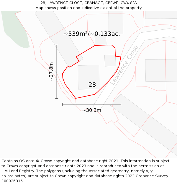 28, LAWRENCE CLOSE, CRANAGE, CREWE, CW4 8FA: Plot and title map