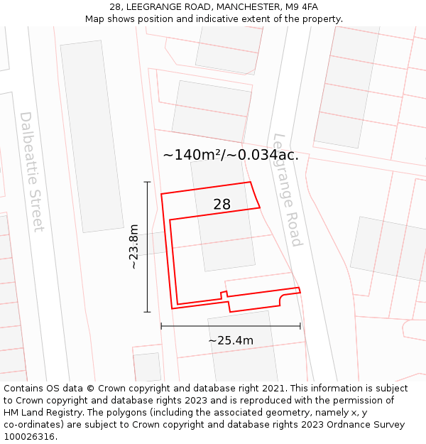 28, LEEGRANGE ROAD, MANCHESTER, M9 4FA: Plot and title map