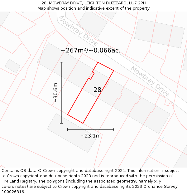 28, MOWBRAY DRIVE, LEIGHTON BUZZARD, LU7 2PH: Plot and title map