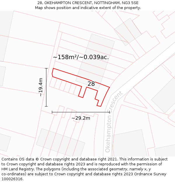 28, OKEHAMPTON CRESCENT, NOTTINGHAM, NG3 5SE: Plot and title map
