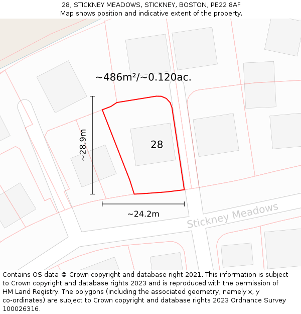 28, STICKNEY MEADOWS, STICKNEY, BOSTON, PE22 8AF: Plot and title map