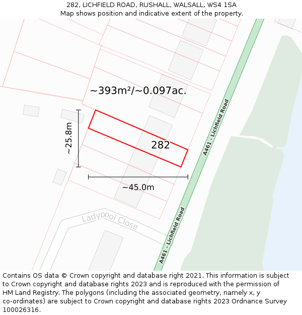 282, LICHFIELD ROAD, RUSHALL, WALSALL, WS4 1SA: Plot and title map