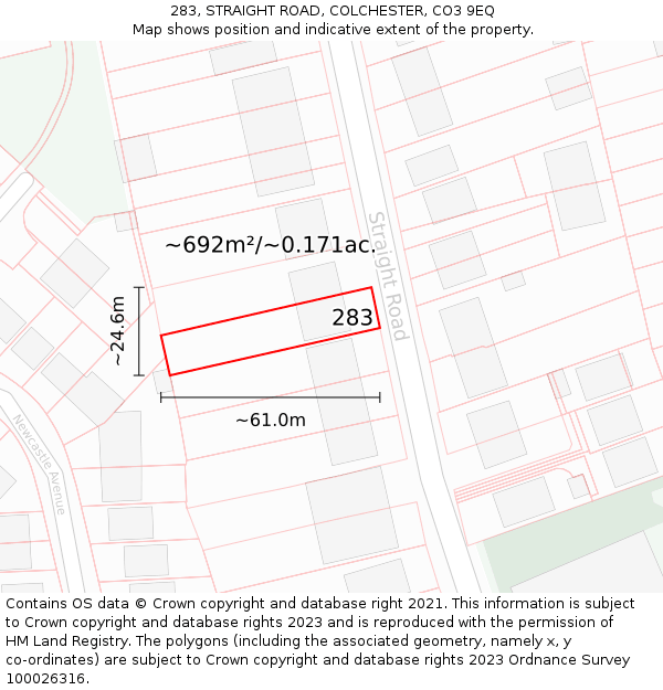 283, STRAIGHT ROAD, COLCHESTER, CO3 9EQ: Plot and title map