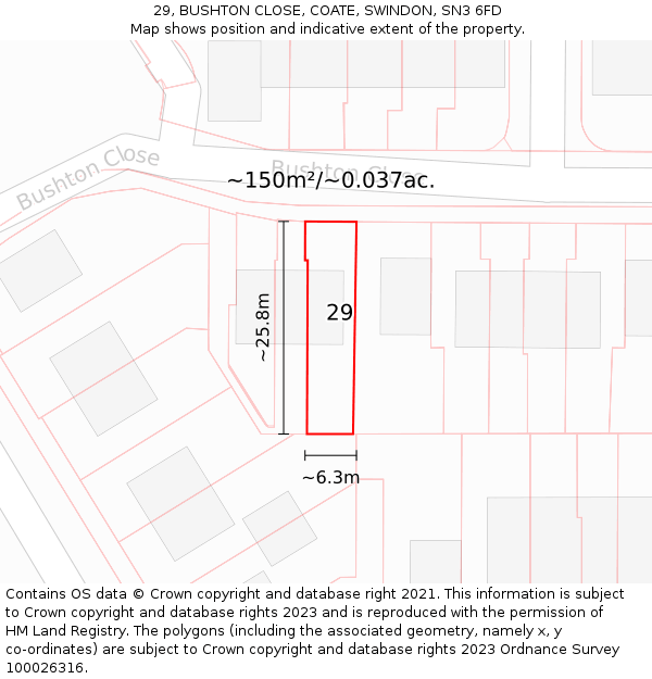 29, BUSHTON CLOSE, COATE, SWINDON, SN3 6FD: Plot and title map