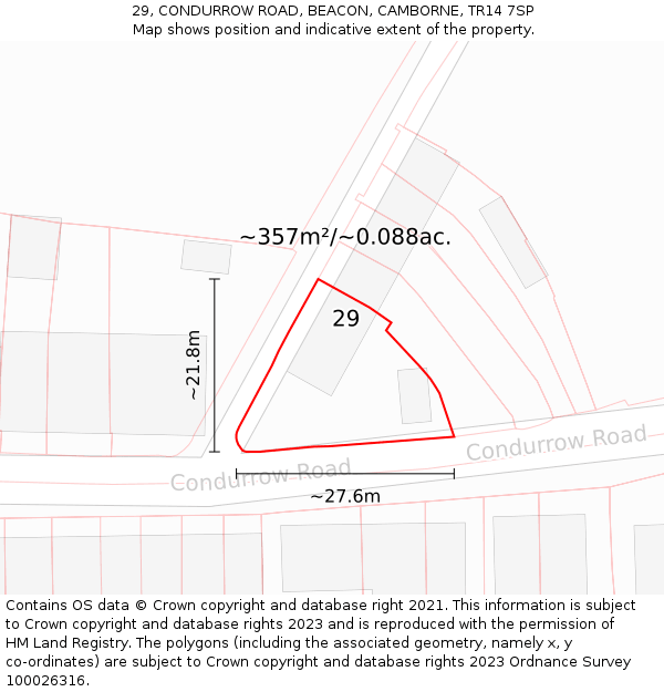 29, CONDURROW ROAD, BEACON, CAMBORNE, TR14 7SP: Plot and title map