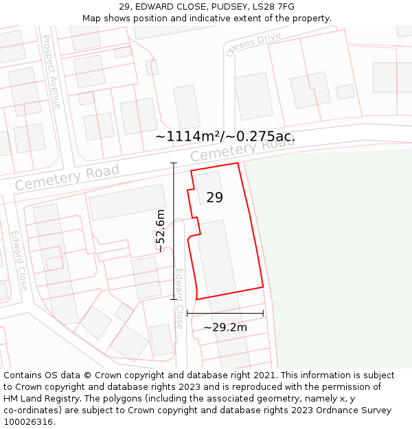 29, EDWARD CLOSE, PUDSEY, LS28 7FG: Plot and title map