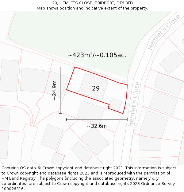 29, HEMLETS CLOSE, BRIDPORT, DT6 3FB: Plot and title map
