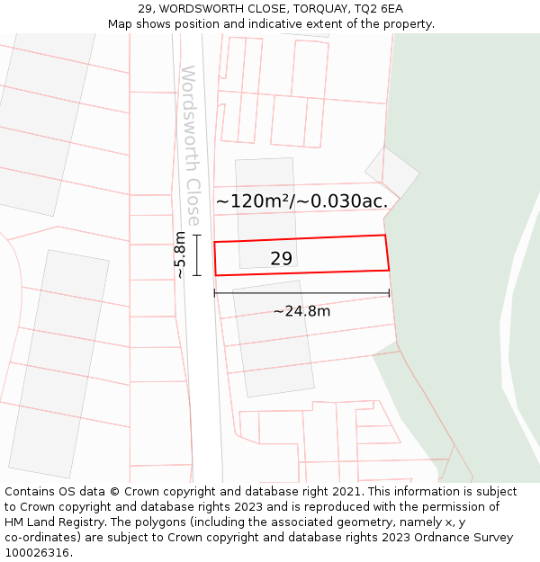 29, WORDSWORTH CLOSE, TORQUAY, TQ2 6EA: Plot and title map