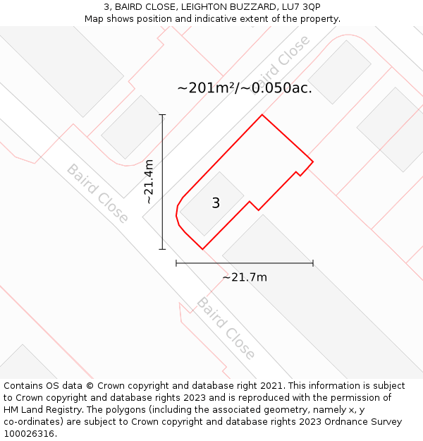3, BAIRD CLOSE, LEIGHTON BUZZARD, LU7 3QP: Plot and title map