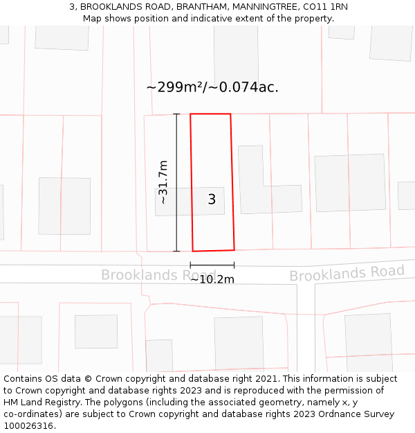 3, BROOKLANDS ROAD, BRANTHAM, MANNINGTREE, CO11 1RN: Plot and title map