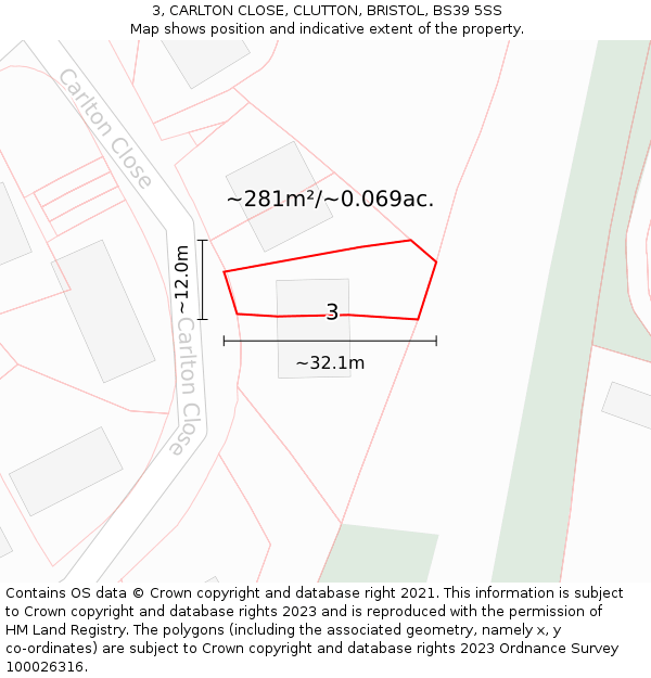 3, CARLTON CLOSE, CLUTTON, BRISTOL, BS39 5SS: Plot and title map