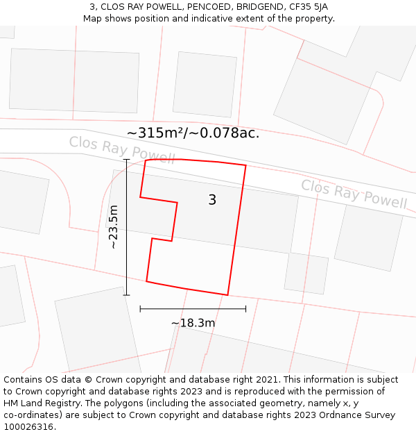 3, CLOS RAY POWELL, PENCOED, BRIDGEND, CF35 5JA: Plot and title map
