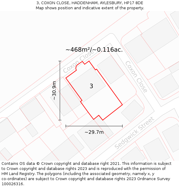 3, COXON CLOSE, HADDENHAM, AYLESBURY, HP17 8DE: Plot and title map