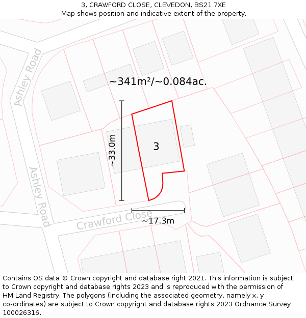 3, CRAWFORD CLOSE, CLEVEDON, BS21 7XE: Plot and title map