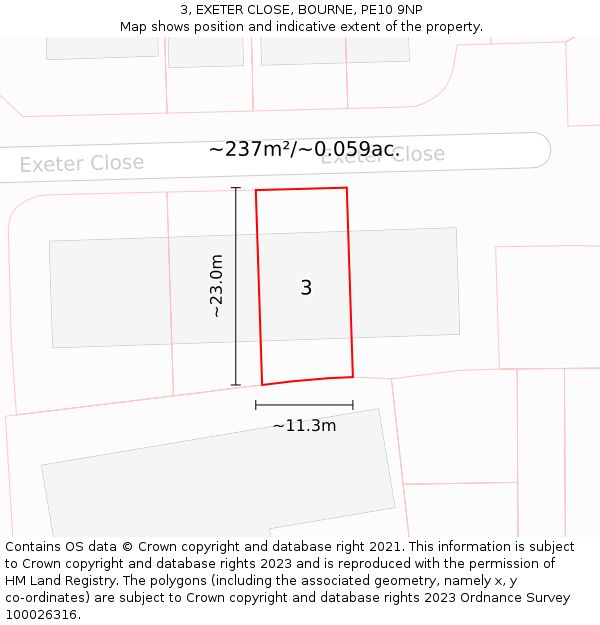 3, EXETER CLOSE, BOURNE, PE10 9NP: Plot and title map