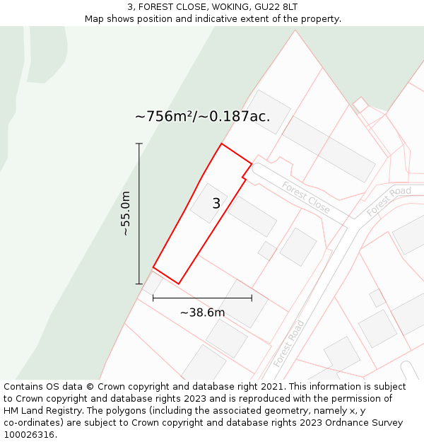 3, FOREST CLOSE, WOKING, GU22 8LT: Plot and title map