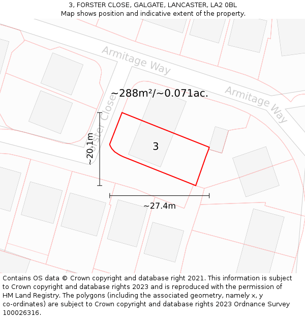 3, FORSTER CLOSE, GALGATE, LANCASTER, LA2 0BL: Plot and title map